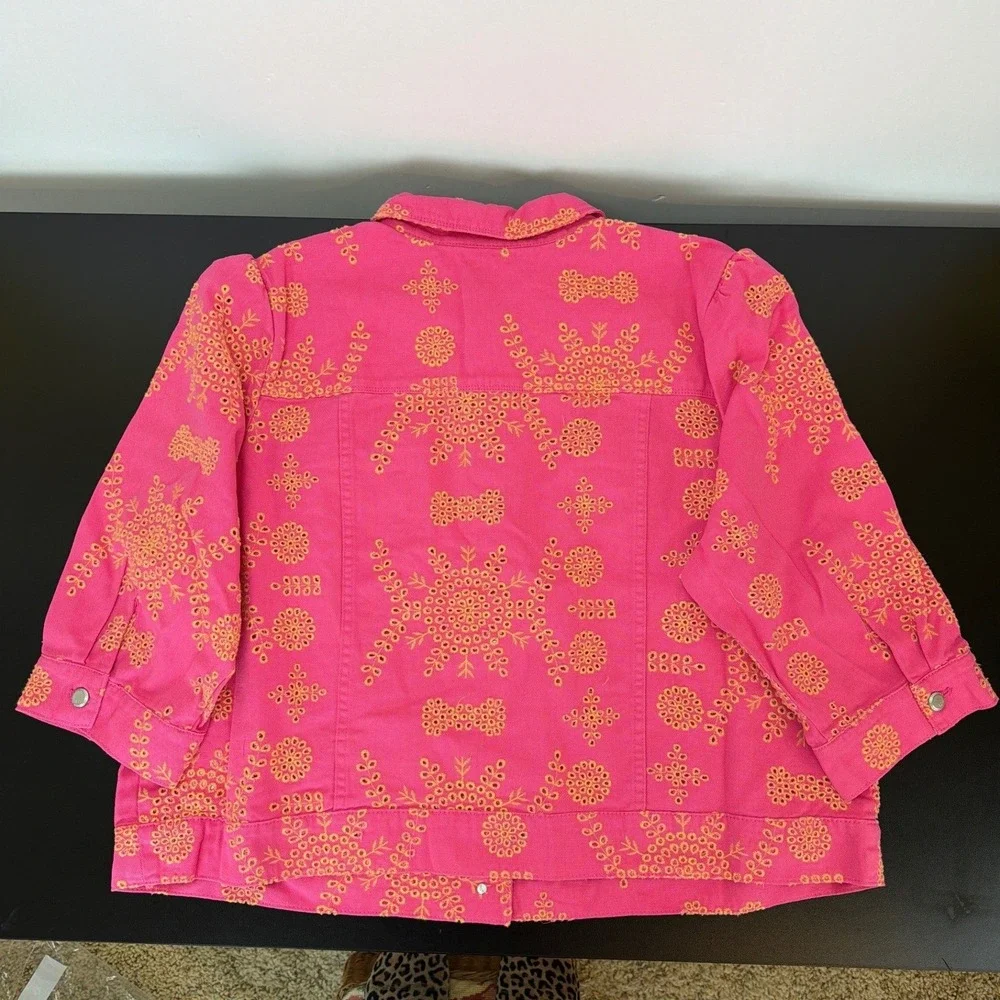 G by Giuliana Black Label Pink Puff‎ Sleeve Eyelet Denim Jacket 3X Feminine